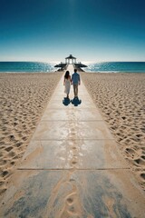 Fototapeta premium Young couple walks on concrete walkway towards ocean pier. Man, woman enjoy summer vacation at tropical beach. Sunny day with blue sky, calm sea water. Romantic stroll along coast by white sand,