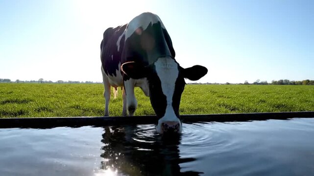 Black and White Holstein Cow Drinking Water from Trough in Sunny Green Meadow with Blue Sky
