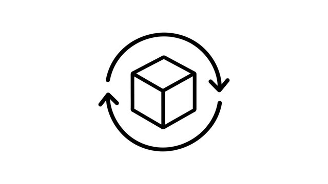 Rotation axis icon depicting black line 3d cube with circular arrow.