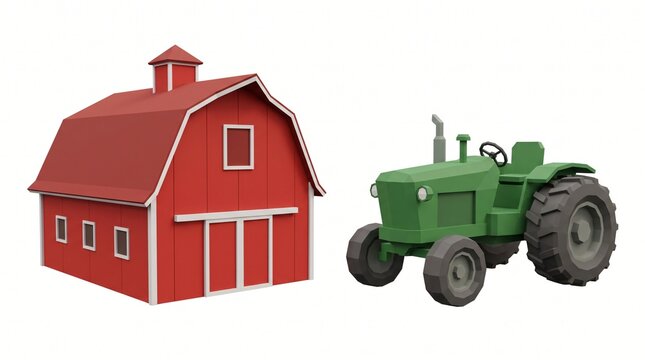 Low poly red farm barn with gambrel roof and green agricultural tractor isolated on white background