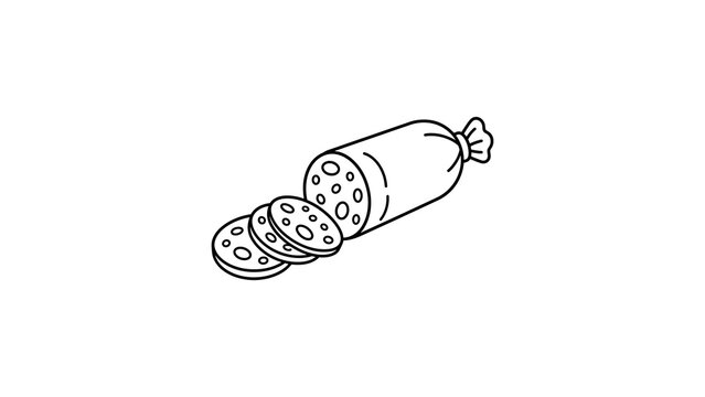 Salami sausage with sliced pieces line art vector for grocery layout.