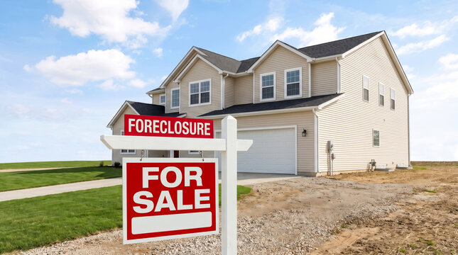 Housing front yard foreclosure sale sign beside suburban house. Real estate property residential home estate dwelling. agent broker, ownership sale selling