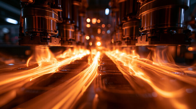 Automated Industrial Machinery Processing Glowing Molten Metal in Factory