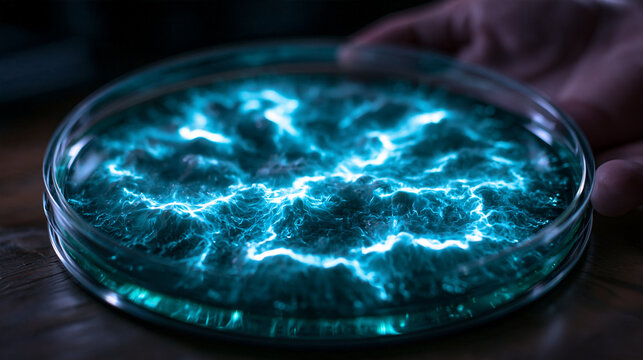 Glowing Blue Electrical Energy Reaction in Laboratory Petri Dish