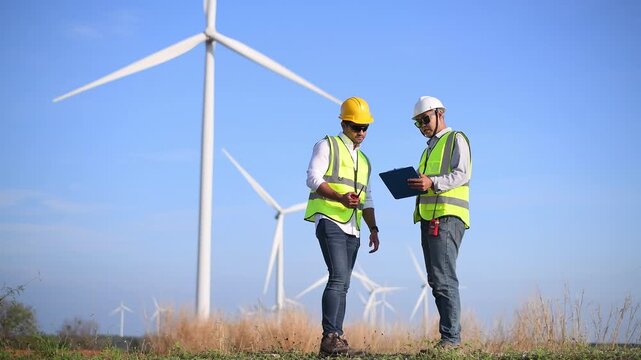 Engineer wearing uniform ,helmet inspection and survey work in wind turbine farms rotation to generate electricity energy. Green ecological power energy generation wind sustainable energy concept.	