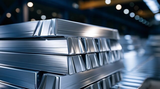 Stacked metal ingots in an industrial warehouse, shiny aluminum and steel bars symbolizing raw materials, manufacturing, supply chain, and global trade economy