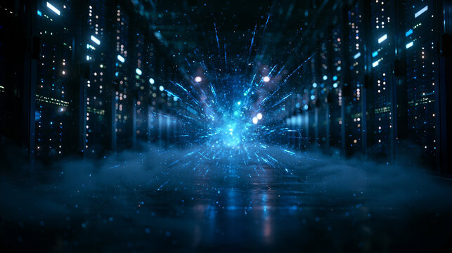 Data Center Corridor with Glowing Quantum Energy Burst