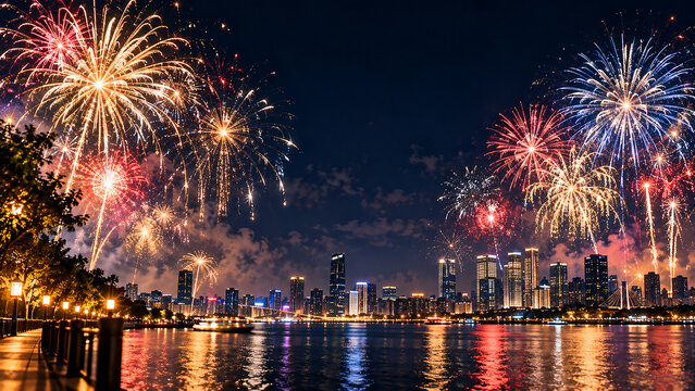 Festive New Year Night with Fireworks, Lanterns and Mountain Lake View
