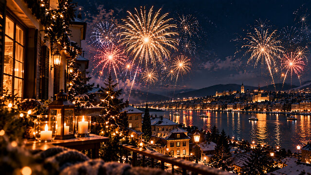 Luxury New Year Celebration with Champagne, Candles and Fireworks
