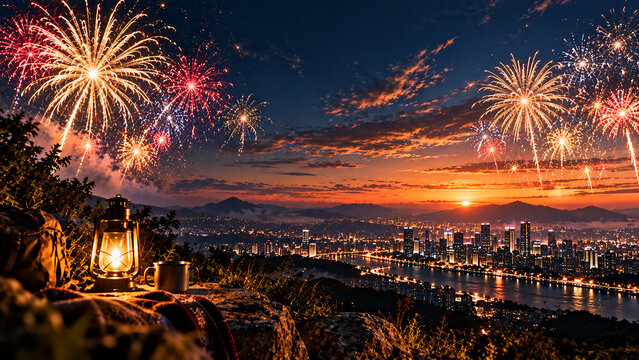 New Year&rsquo;s Eve Fireworks and Floating Lanterns with Scenic Night View