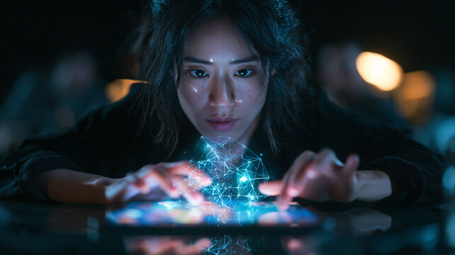 Woman Interacting with Futuristic Hologram Digital Interface