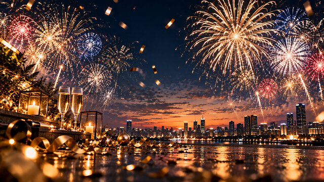 Festive New Year Background with Fireworks and Glowing Lanterns