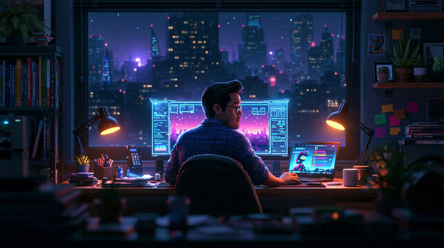 Programmer Working Late at Desk Overlooking Night City