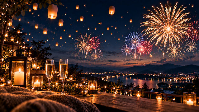 Festive New Year Night Background with Fireworks and Warm Candlelight