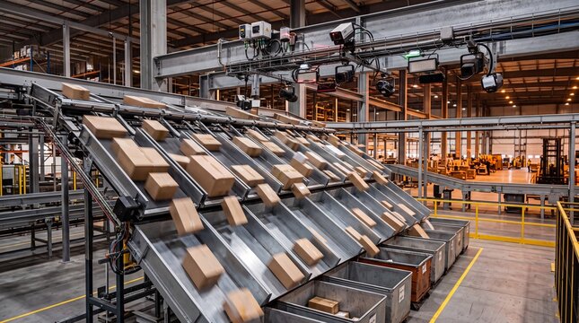 Automated Sorting System with Packages in Logistics Warehouse