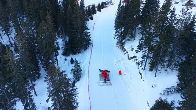 Red snowcat grooms ski slope in mountain coniferous forest. Heavy track vehicle moves on white snow path between green trees.