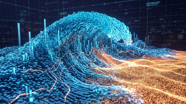 Digital Big Data Wave Visualized with Glowing Futuristic Particles