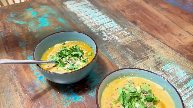  Sprinkling seeds onto bowls of vegetable soup on a rustic wooden table