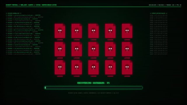 Ransomware attack encrypts files on digital screen. data recovery restores green files. cyber security alert concept.