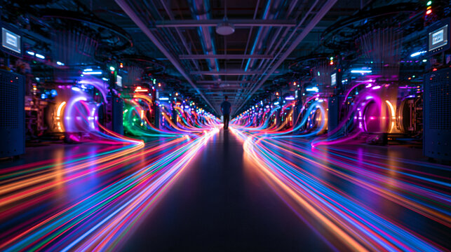 Data Center Server Room with High Speed Light Trails