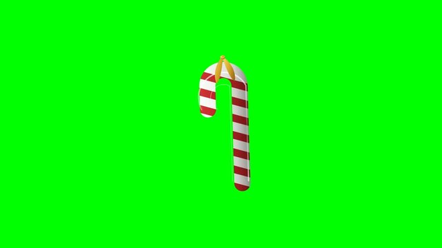 High-quality 2.5D glossy Christmas candy cane hanging from a gold ribbon on a pure green screen. Features realistic pendulum swing, physical twist simulation, and delayed ribbon reaction.