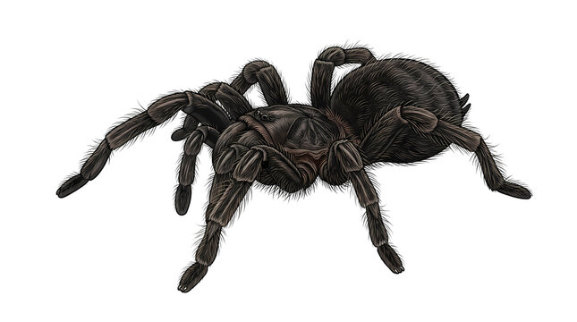 Hairy tarantula spider illustration isolated on black background, detailed creepy arachnid graphic for Halloween design