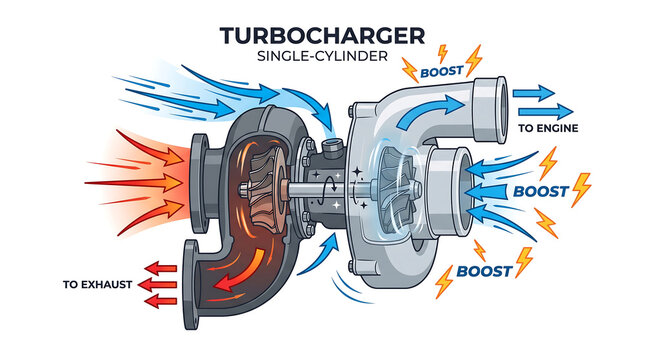 Single-Cylinder Automotive Turbocharger Vector Diagram with Airflow and Boost