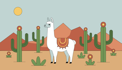 Fototapeta premium White llama wearing a traditional colorful saddle standing in a desert landscape with tall cacti and mountains at a warm sunset.