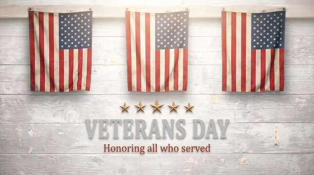 Veterans day background with three american flags hanging on a rustic white wooden wall, featuring five golden stars and the text honoring all who served
