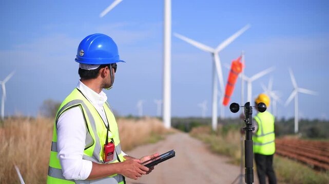 Engineer wearing uniform ,helmet inspection and survey work in wind turbine farms rotation to generate electricity energy. Green ecological power energy generation wind sustainable energy concept.	