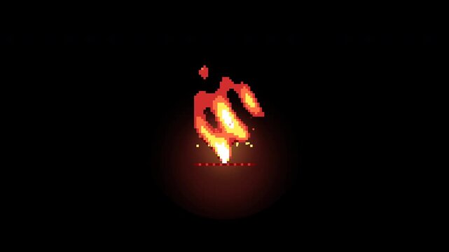 Pixel Art Fire Animation Burning on Black Background.