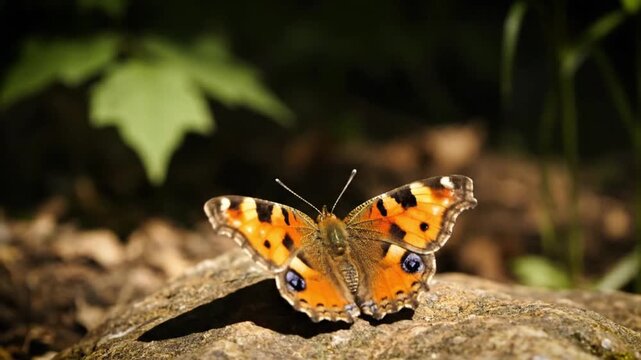 Small Tortoiseshell Butterfly Basking in Sunlight on a Natural Stone Surface with Wings Fully Spread