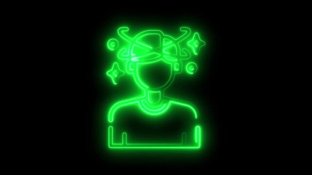 Neon green glowing dizzy person icon animation with spinning stars and circles on black background representing confusion