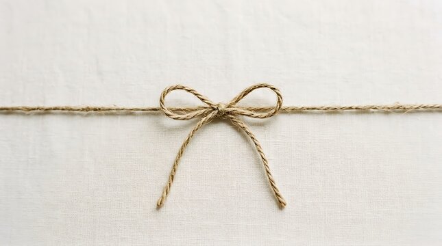 Jute twine bow tied on white linen fabric background, rustic gift wrapping decoration with copy space for commercial design projects