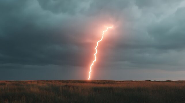 A striking lightning bolt illuminates a dark, cloudy sky over an open grassy field at dusk.