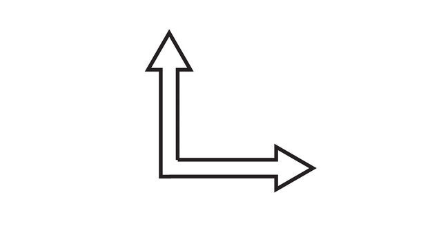 L shaped double axis arrow icon pointing upward and rightward on isolated white background.