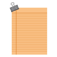 Blank orange lined paper sheet attached with a black binder clip, stationery design element for notes and reminders © crtvshop