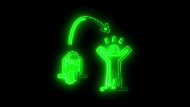 Neon green glowing human figures transition from sitting to standing with arms raised in celebration representing transformation