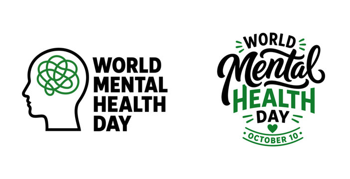 Set of two creative logos for world mental health day featuring human head silhouette and elegant typography designs