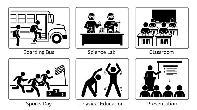 School life pictogram icon set, black and white education stick figure symbols, classroom science sports day vector collection