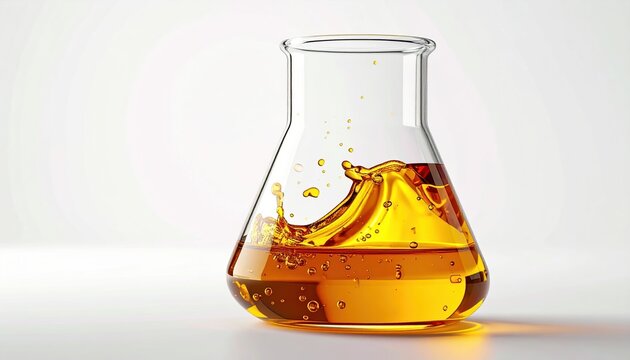 Transparent chemistry beaker containing golden fuel liquid isolated on white