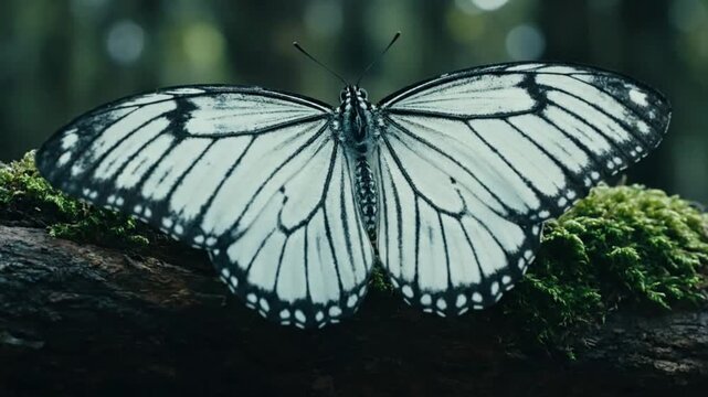 Beautiful White Tree Nymph Butterfly with Black Veins Resting on a Mossy Log in a Dark Forest