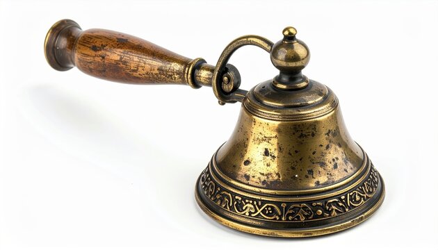 Vintage hand bell with brass finish isolated on clean white background