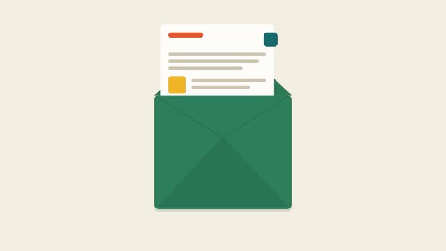 Green envelope with letter coming out, flat design, clean background