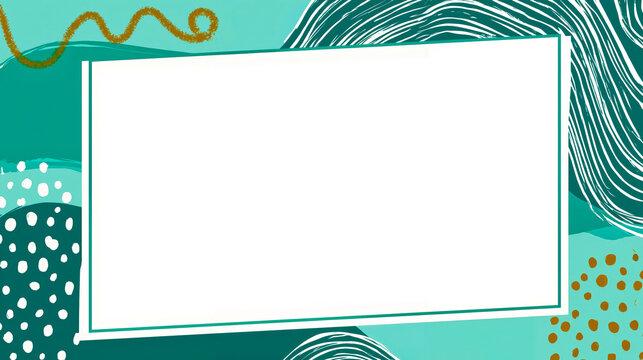 A digital artwork featuring a white square with a green border set against a background with abstract patterns and shapes