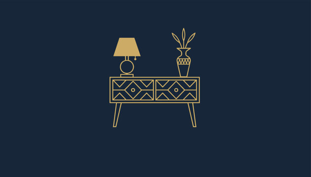 Elegant gold line art interior design logo featuring a modern sideboard console table, a table lamp, and a vase with floral stems.