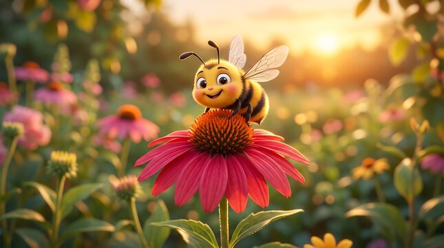 Cute cartoon honey bee resting on pink flower, cute honeybee character sitting on blooming blossom, sunny summer garden landscape background