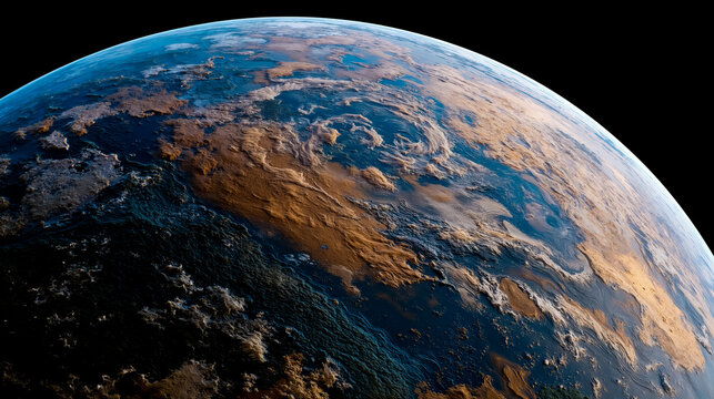 A digital rendering of Earth from space showing the planet's surface with various colors representing different land masses and bodies of water