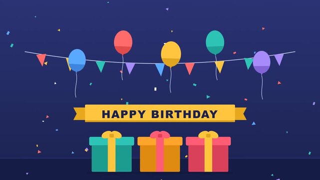 Happy Birthday celebration with balloons, confetti and gift boxes
