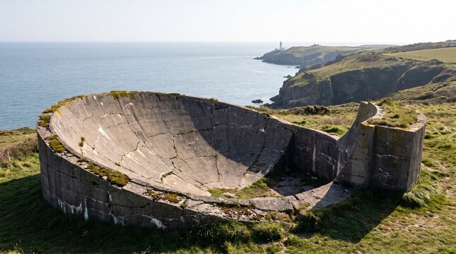Echo Chamber Concept: Concrete Acoustic Sound Mirror On A Grassy Clifftop